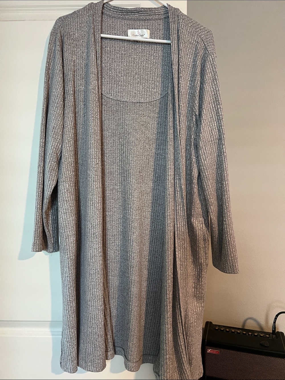 Cuddl Duds Ribbed Open Cardigan in Heather Gray